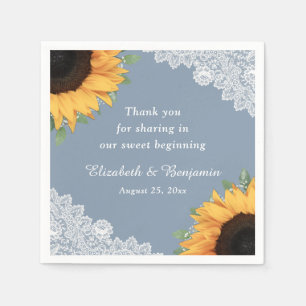 Rustic Dusty Blue Lace Sunflower Floral Wedding Napkins