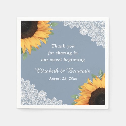 Rustic Dusty Blue Lace Sunflower Floral Wedding Napkins