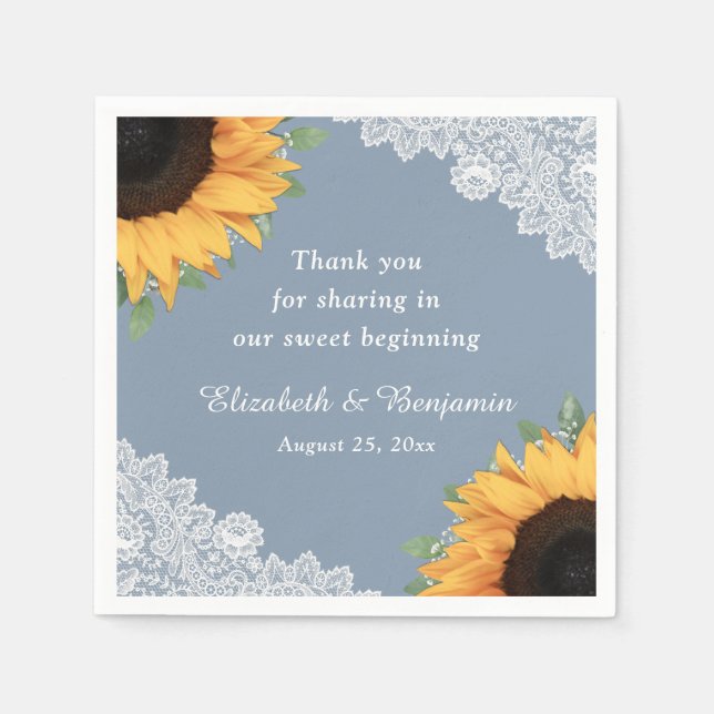 Rustic Dusty Blue Lace Sunflower Floral Wedding Napkins (Front)