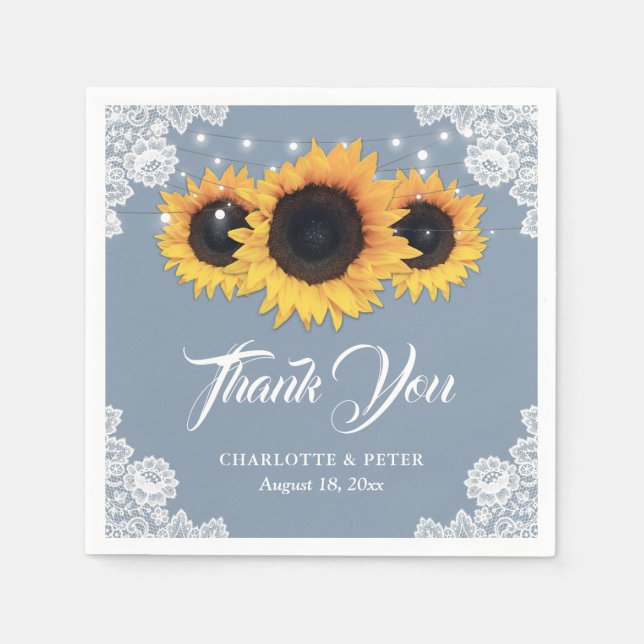 Rustic Dusty Blue Lace Sunflower Wedding Napkins (Front)
