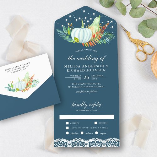 Rustic Dusty Blue Lace White Pumpkins Fall Wedding All In One Invitation