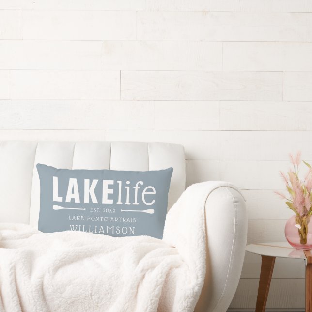 Rustic Dusty Blue Lake Life Personalized Lumbar Pillow (Couch)