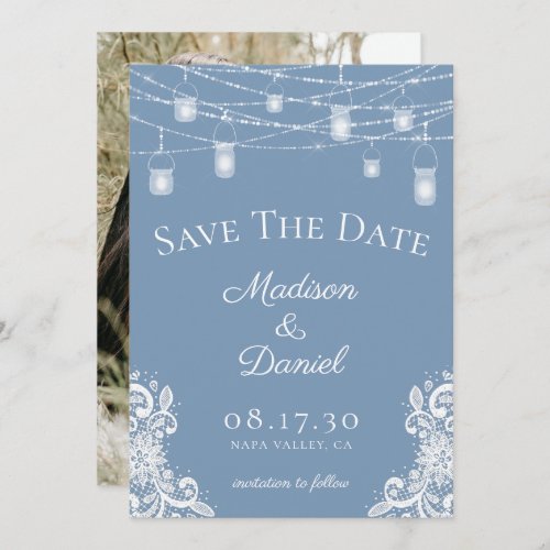 Rustic Dusty Blue Lights Photo Wedding Save The Date
