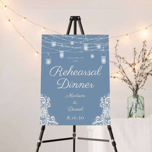 Rustic Dusty Blue Lights Rehearsal Dinner Foam Board (In Situ (Stand))