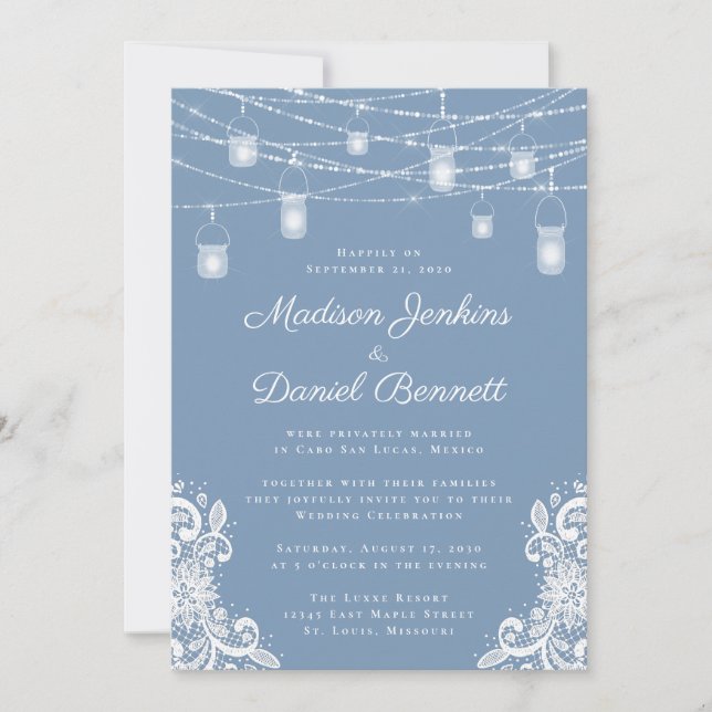 Rustic Dusty Blue Lights Wedding Celebration Invitation (Front)