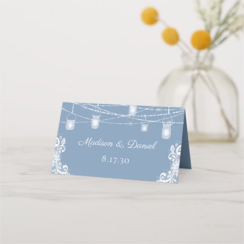 Rustic Dusty Blue Lights Wedding Place Card