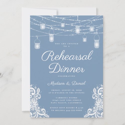 Rustic Dusty Blue Lights Wedding Rehearsal Dinner Invitation