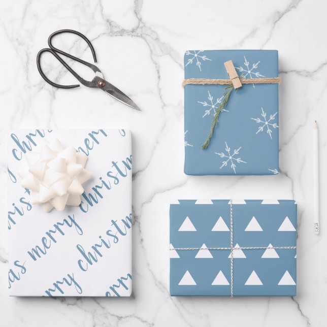 Rustic Dusty Blue Merry Christmas Wrapping Paper Sheets (Front)