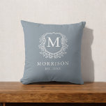 Rustic Dusty Blue Monogram Crest Initial Throw Pillow<br><div class="desc">Add charm to your space with a rustic monogram personalized initial throw pillow. Crafted with a cozy, farmhouse-inspired design, this pillow features your custom initials in a stylish monogram, perfect for adding a personal touch to your home décor. Made from soft, high-quality fabric, it’s both decorative and functional, ideal for...</div>