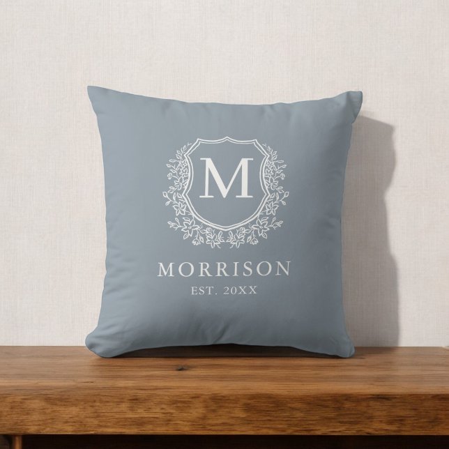 Rustic Dusty Blue Monogram Crest Initial Throw Pillow (Creator Uploaded)
