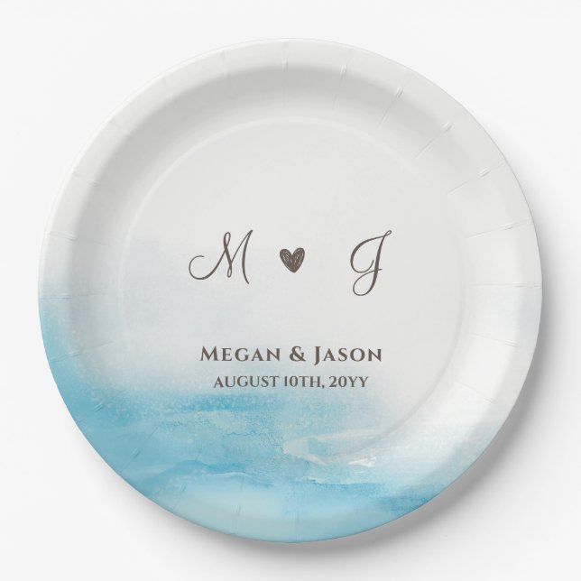 Rustic Dusty Blue Monogrammed Custom Wedding  Paper Plates (Front)