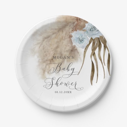 Rustic Dusty Blue Pampas Grass Baby Shower Paper Plates