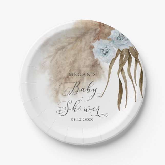 Rustic Dusty Blue Pampas Grass Baby Shower Paper Plates (Front)