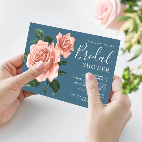 Rustic Dusty Blue Peach Pink Roses Bridal Shower Invitation