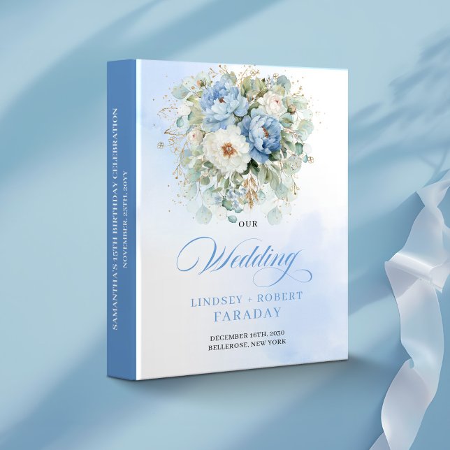 Rustic Dusty Blue Peonies Gold Wedding Keepsake  3 Ring Binder (Rustic Dusty Blue Peonies Gold Wedding Keepsake Binder)