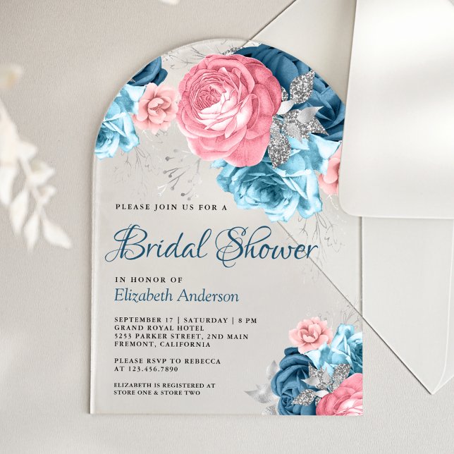 Rustic Dusty Blue Pink Floral Rose Bridal Shower Acrylic Invitations (Creator Uploaded)