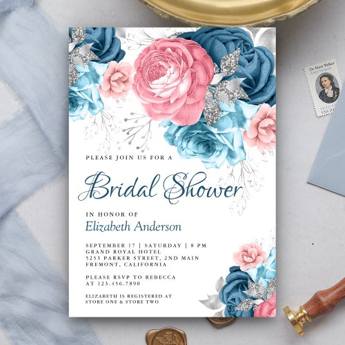 Rustic Dusty Blue Pink Floral Rose Bridal Shower Invitation