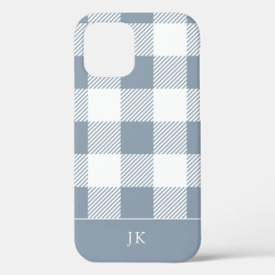 Rustic Dusty Blue Plaid Pattern Monogram iPhone 12 Case