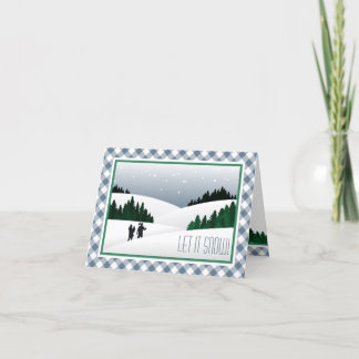 Rustic Dusty Blue Plaid Winter Woodland Snowscape Holiday Card