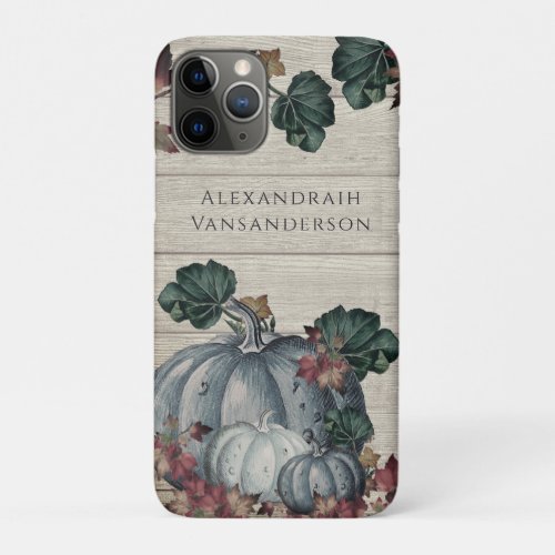 Rustic Dusty Blue Pumpkin Fall Leaves Gray Wood  iPhone 11 Pro Case