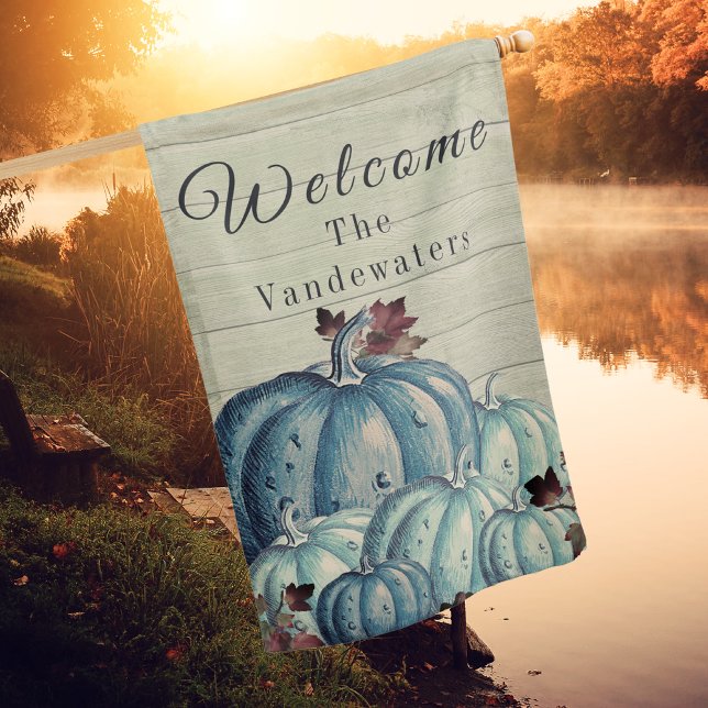 Rustic Dusty Blue Pumpkin Fall Leaves Gray Wood House Flag (Creator Uploaded)