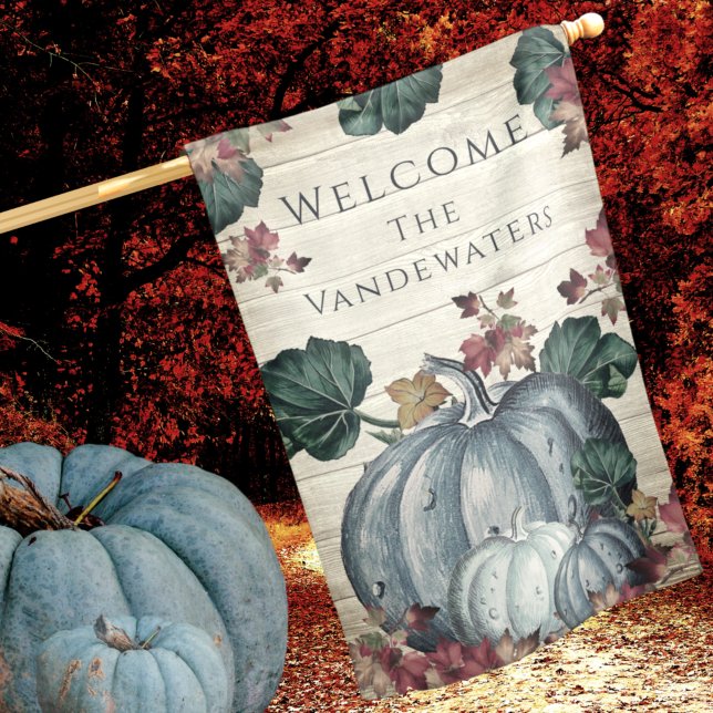 Rustic Dusty Blue Pumpkin Fall Leaves Gray Wood House Flag (Creator Uploaded)