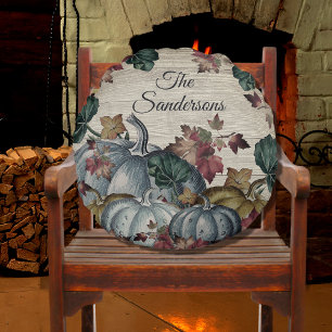 Rustic Dusty Blue Pumpkin Fall Leaves Wood round Round Pillow