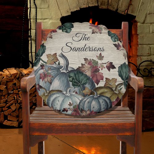 Rustic Dusty Blue Pumpkin Fall Leaves Wood  round Round Pillow