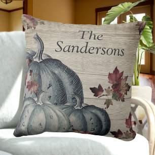 Rustic Dusty Blue Pumpkin Fall Leaves Wood Throw Pillow
