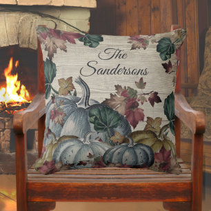 Rustic Dusty Blue Pumpkin Fall Leaves Wood Throw Pillow