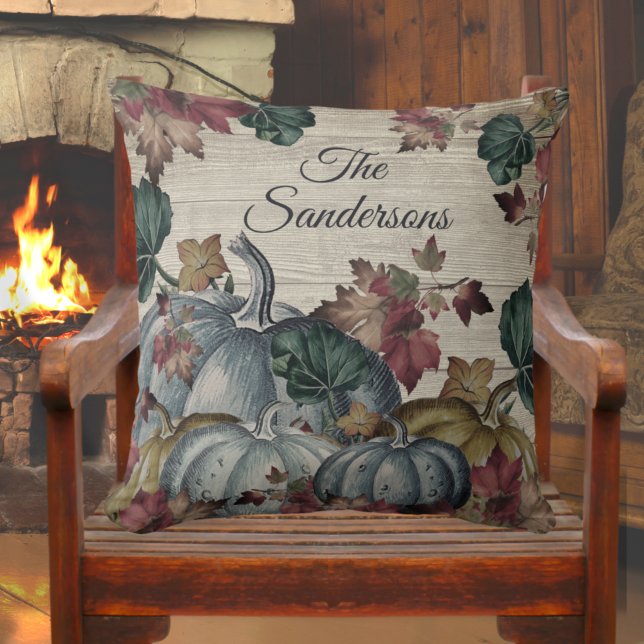 Rustic Dusty Blue Pumpkin Fall Leaves Wood Throw Pillow (Creator Uploaded)