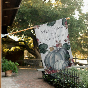 Rustic Dusty Blue Pumpkin Fall light Gray Wood House Flag