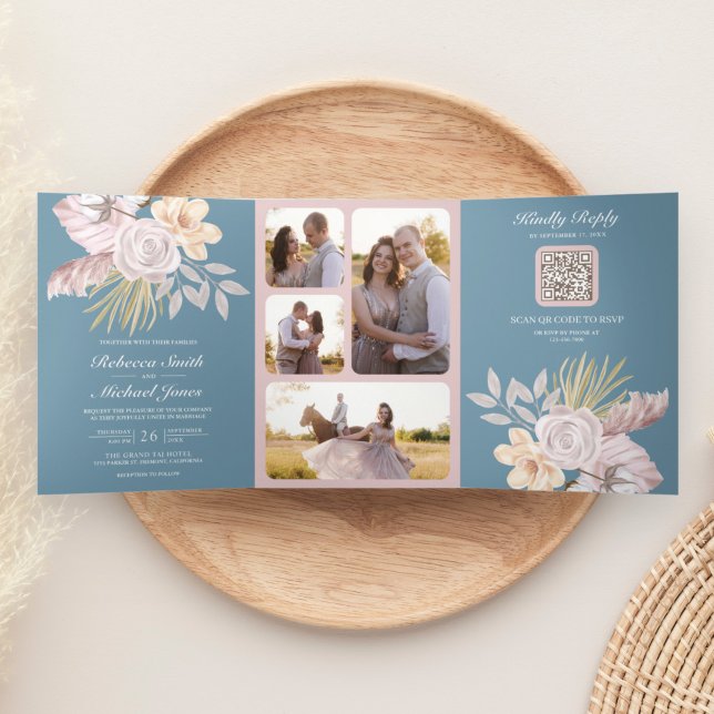Rustic Dusty Blue Rose Pink Floral QR Code Wedding Tri-Fold Invitation (Creator Uploaded)