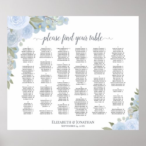 Rustic Dusty Blue Roses Alphabetical Seating Chart