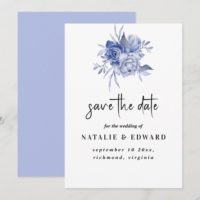 rustic dusty blue roses and other flowers save the date (Front/Back)
