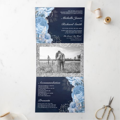 Rustic Dusty Blue Roses Floral Photo Navy Wedding Tri_Fold Invitation