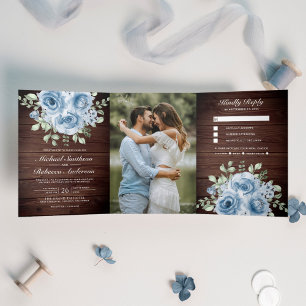 Rustic Dusty Blue Roses Photo Barn Wood Wedding Tri-Fold Invitation