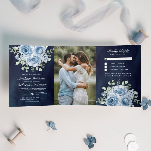 Rustic Dusty Blue Roses Photo Navy Blue Wedding Tri_Fold Invitation