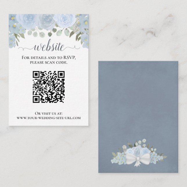 Rustic Dusty Blue Roses Wedding Website QR Code Enclosure Card (Front/Back)