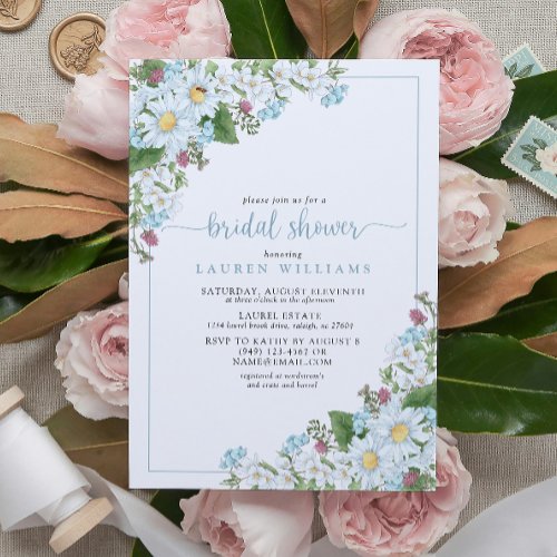 Rustic Dusty Blue Script Wildflower Bridal Shower Invitation