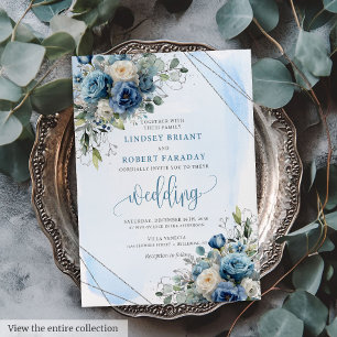 Rustic Dusty Blue Silver Floral Wedding Invitation