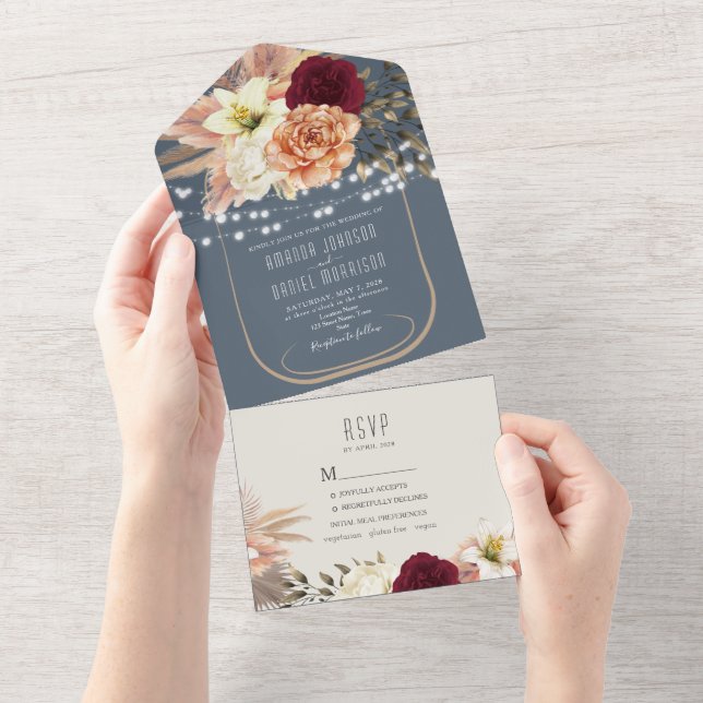 Rustic Dusty Blue String Lights Floral Wedding All In One Invitation (Tearaway)