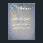 Rustic Dusty Blue String Lights Save the Date Announcement Postcard<br><div class="desc">The string of lights and rustic garden branches dusty blue save the date postcards</div>