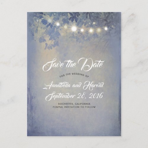 Rustic Dusty Blue String Lights Save the Date Announcement Postcard