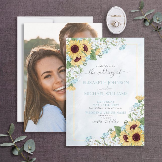 Rustic Dusty Blue Sunflower Floral Photo Wedding Invitation (Creator Uploaded)