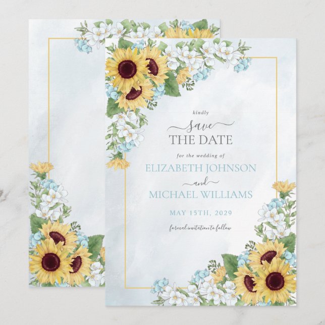 Rustic Dusty Blue Sunflower Floral Save the Date Invitation (Front/Back)