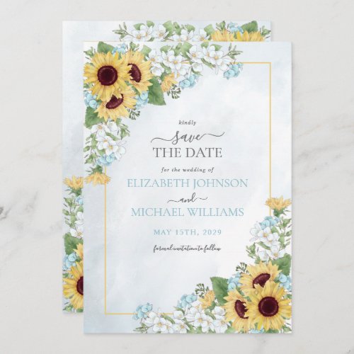 Rustic Dusty Blue Sunflower Floral Save the Date Invitation