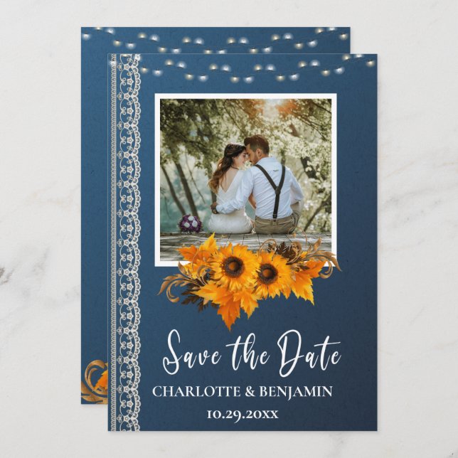 Rustic Dusty Blue Sunflower & Lace Wedding  Save The Date (Front/Back)
