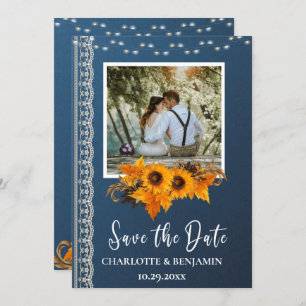 Rustic Dusty Blue Sunflower & Lace Wedding Save The Date