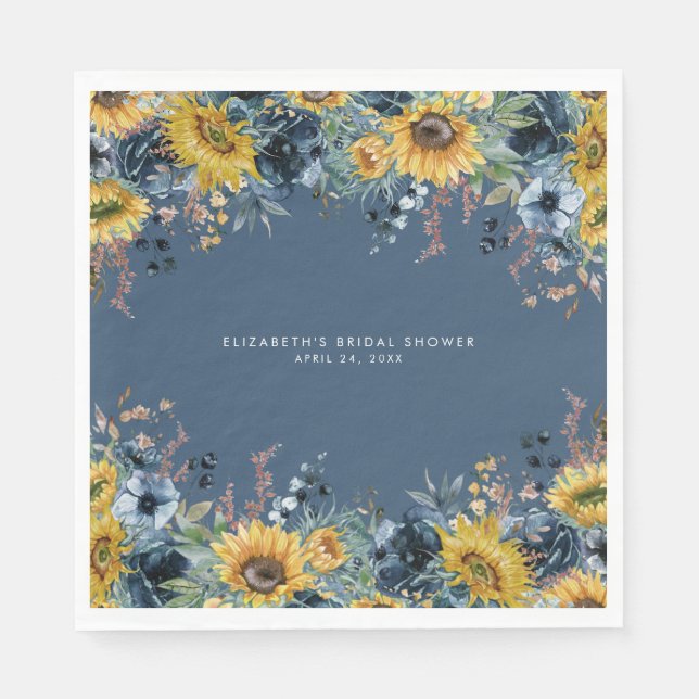 Rustic Dusty Blue Sunflowers Bridal Shower Napkins (Front)